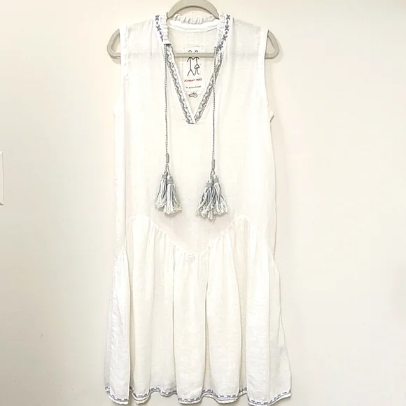 Jonny Was Pete & Greta White 100% Linen Chunky Tassel Boho Drop Waist Dress XS - Picture 1 of 16